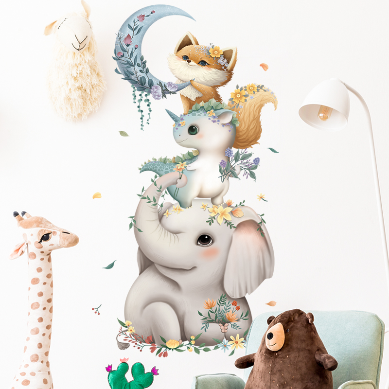 卡通儿童房间墙贴纸防水自粘动物小象月亮独角兽卧室幼儿园教室