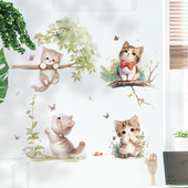 卡通可爱猫咪枝头绿叶墙壁贴纸自粘儿童房幼儿园墙面装 饰画卧室