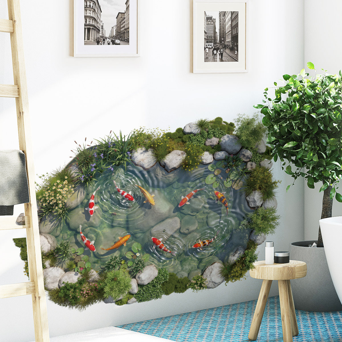 池塘锦鲤草丛自粘墙贴纸墙面遮丑补洞装饰贴画可撕浴室瓷砖出租屋,家居饰品,软装墙贴,淘宝优惠券,粉丝福利购,淘宝优惠卷