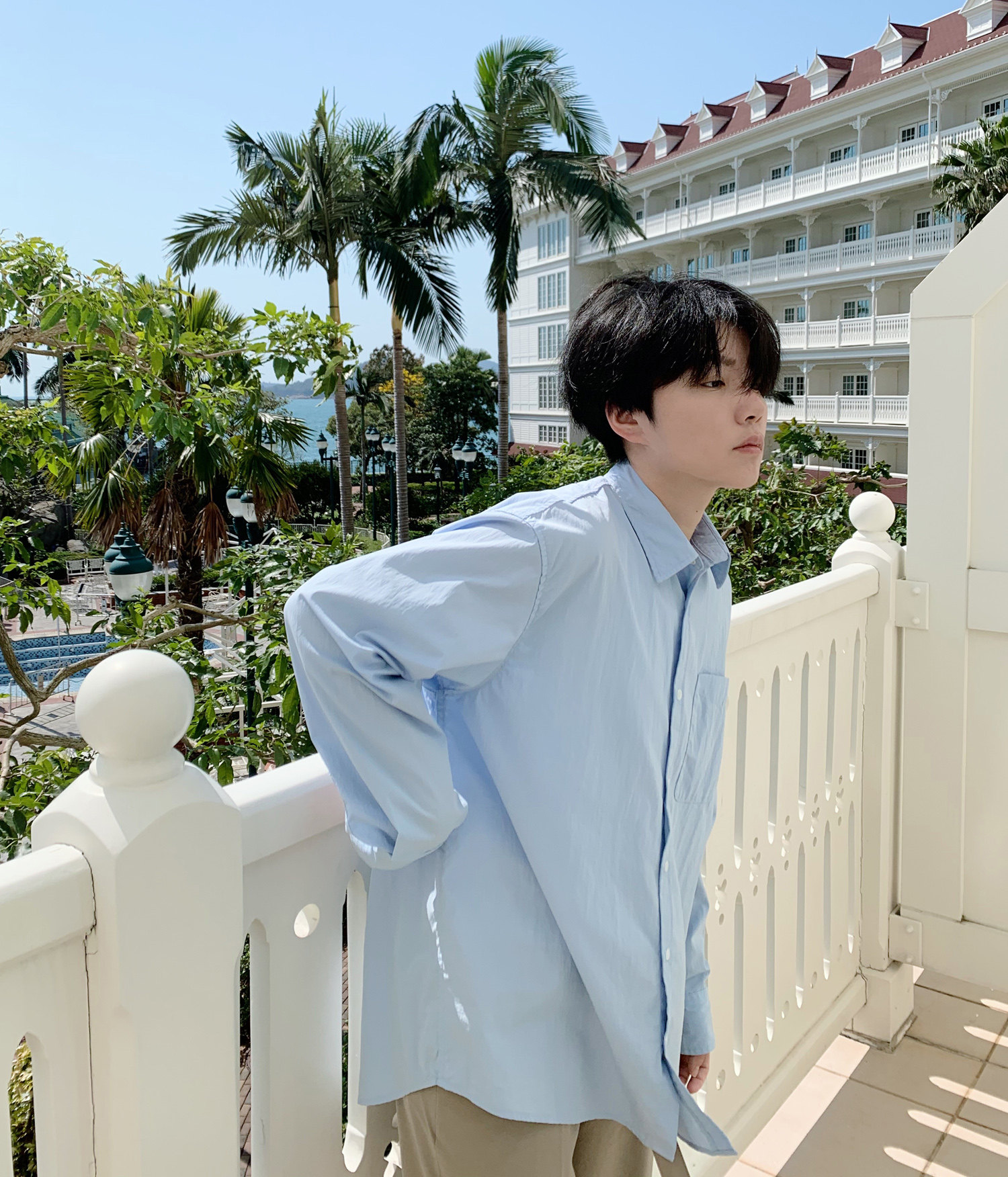 冬白自制 府绸长袖衬衫 宽松棉质夏季 晴空蓝/白