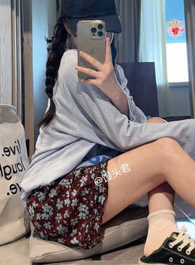 【花边棉绸短裤】极简风格纹慵懒风高腰直筒裤短裤格子设计感