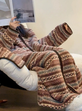 【升级版米粒绒350g】行走的被窝保暖韩系连帽大码家居服外出睡袍