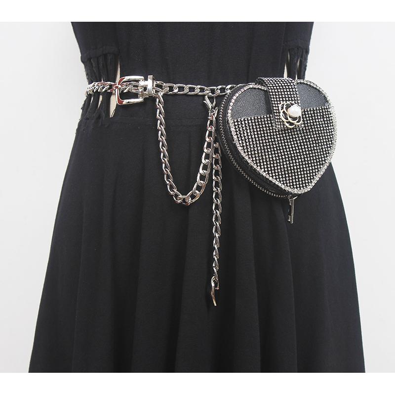 欧洲站超火网红ins时尚百搭亮闪闪水钻爱心桃心链条腰包装饰女潮