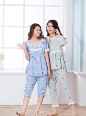 特价诺茵儿家居服女夏梭织全棉短袖九分裤圆领印花甜美睡衣56194