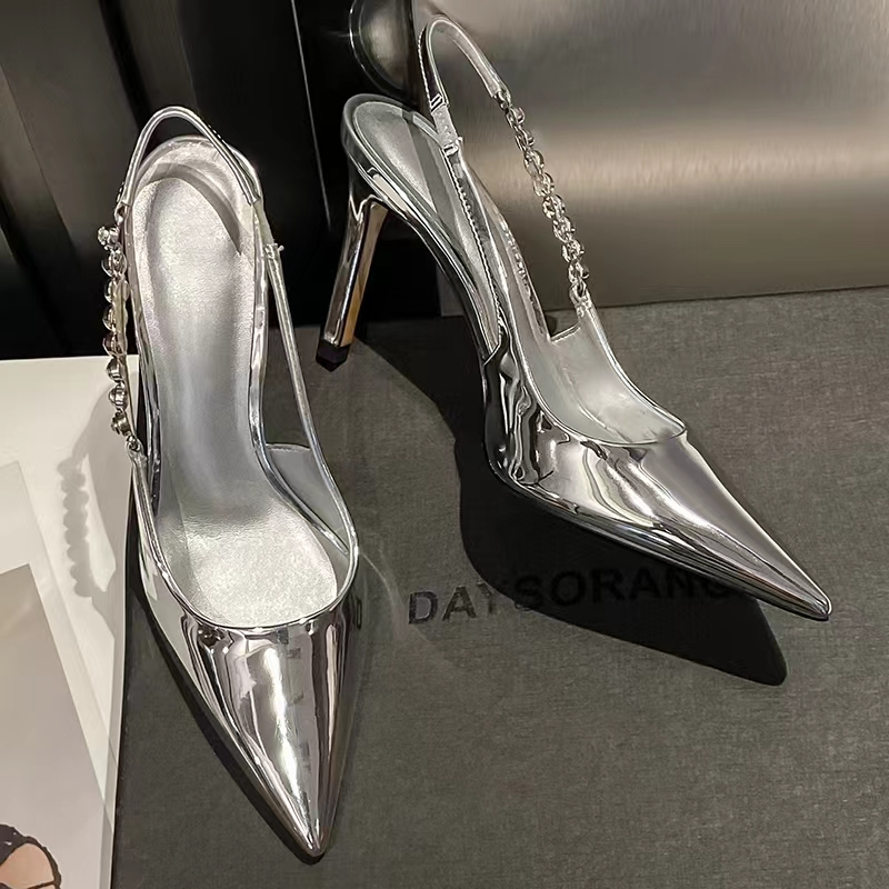 Shiny High Heels Slingback Silver Women Pumps Metallic Cryst