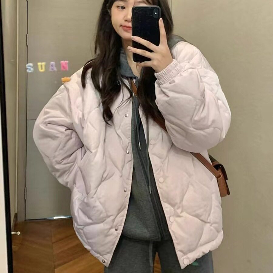 韩版轻薄菱格宽松显瘦加厚棉服女