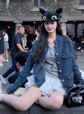 3MER哦哦三妹老钱调肌理感牛仔小香风外套女秋季新款蓝色立领夹克