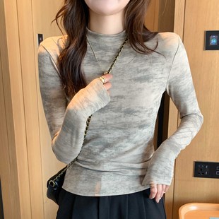 外穿T桖长袖 H269半高领迷彩打底衫 洋气修身 新款 上衣 女内搭秋冬季