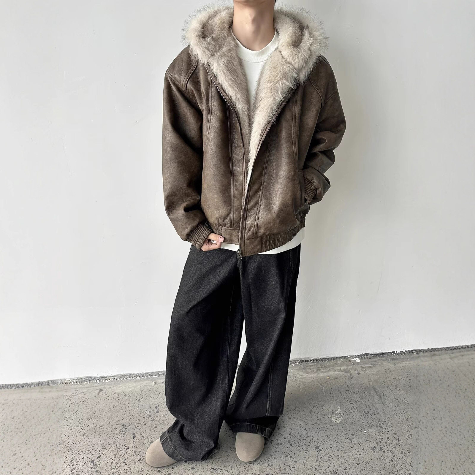 美式cleanfit毛领座山雕麂皮夹棉