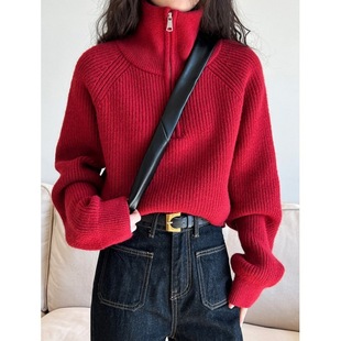 Mmao设计感半高领拉链红色针织衫女短款冬季新款高腰毛衣宽松加厚