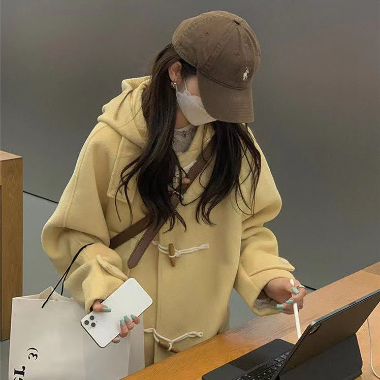 奶黄韩系连帽呢风衣女秋冬小个子