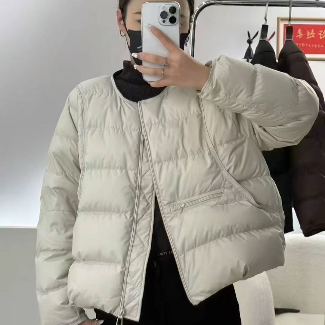 羽绒服女2025冬季新款简约复古风包边圆领轻薄短款白鸭绒宽松