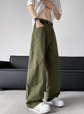 军绿色美式弯刀裤男夏季薄款拼接日系登山工装裤美式vibe微喇裤子