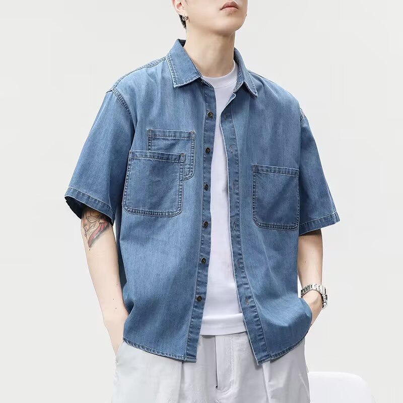 夏季美式工装牛仔短袖衬衫男