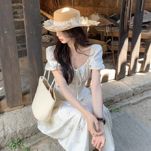 法式短袖白色连衣裙长款裙子女