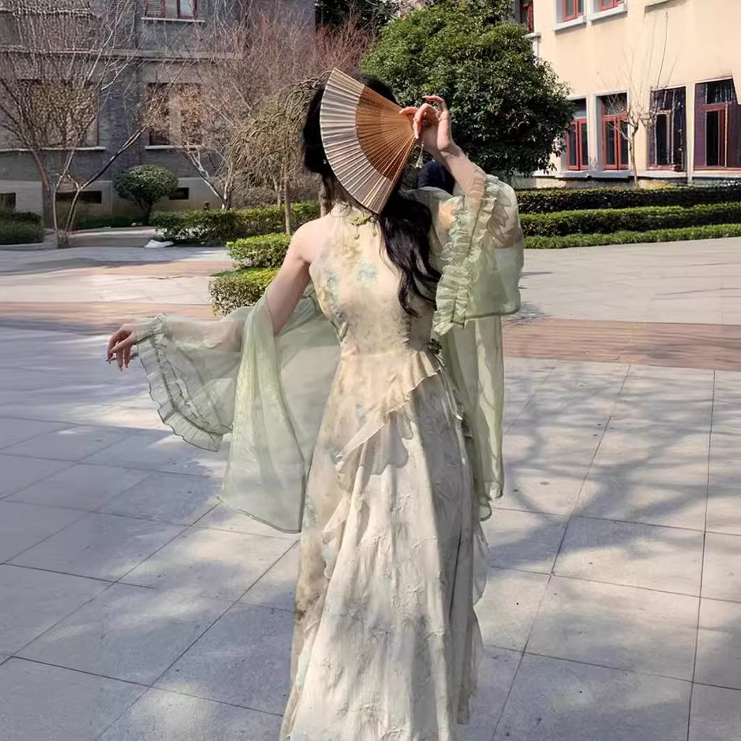 新中式挂脖印花旗袍连衣裙套装