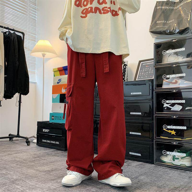 红色复古港风工装阔腿休闲裤男
