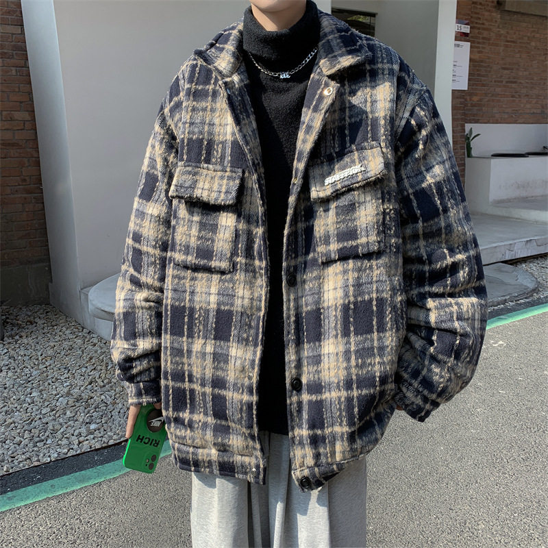 格子翻领夹克男生港风复古毛呢上衣春秋宽松情侣百搭刺绣呢子外套
