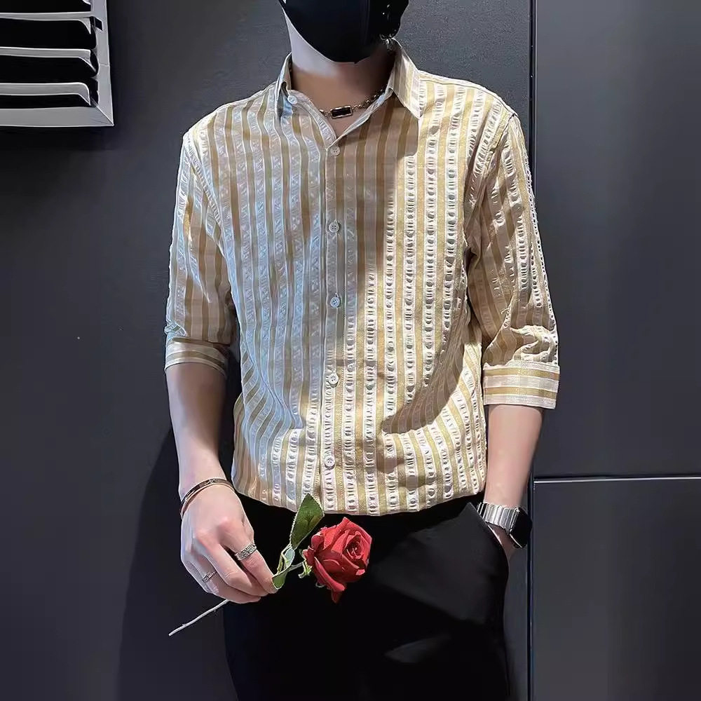 夏季男士七分袖格子衬衫2026款