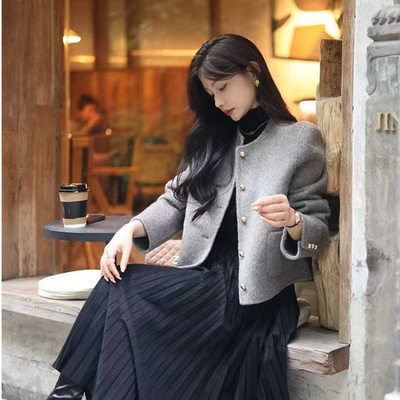 灰色短款双面羊绒毛呢子大衣外套