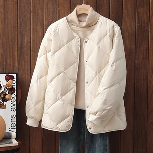 短款羽绒棉服女圆领2025冬季小个子轻薄女款宽松菱格无领内胆外套