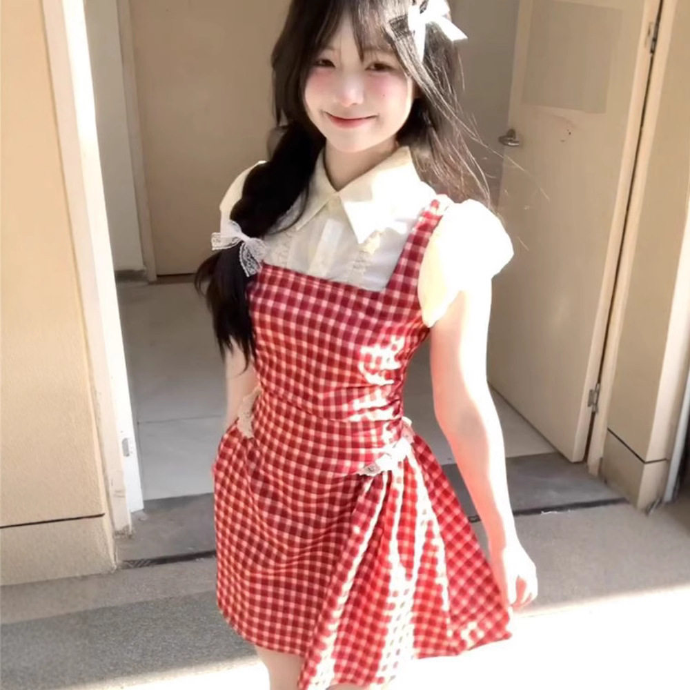 夏季学院红格子假两件显瘦连衣裙