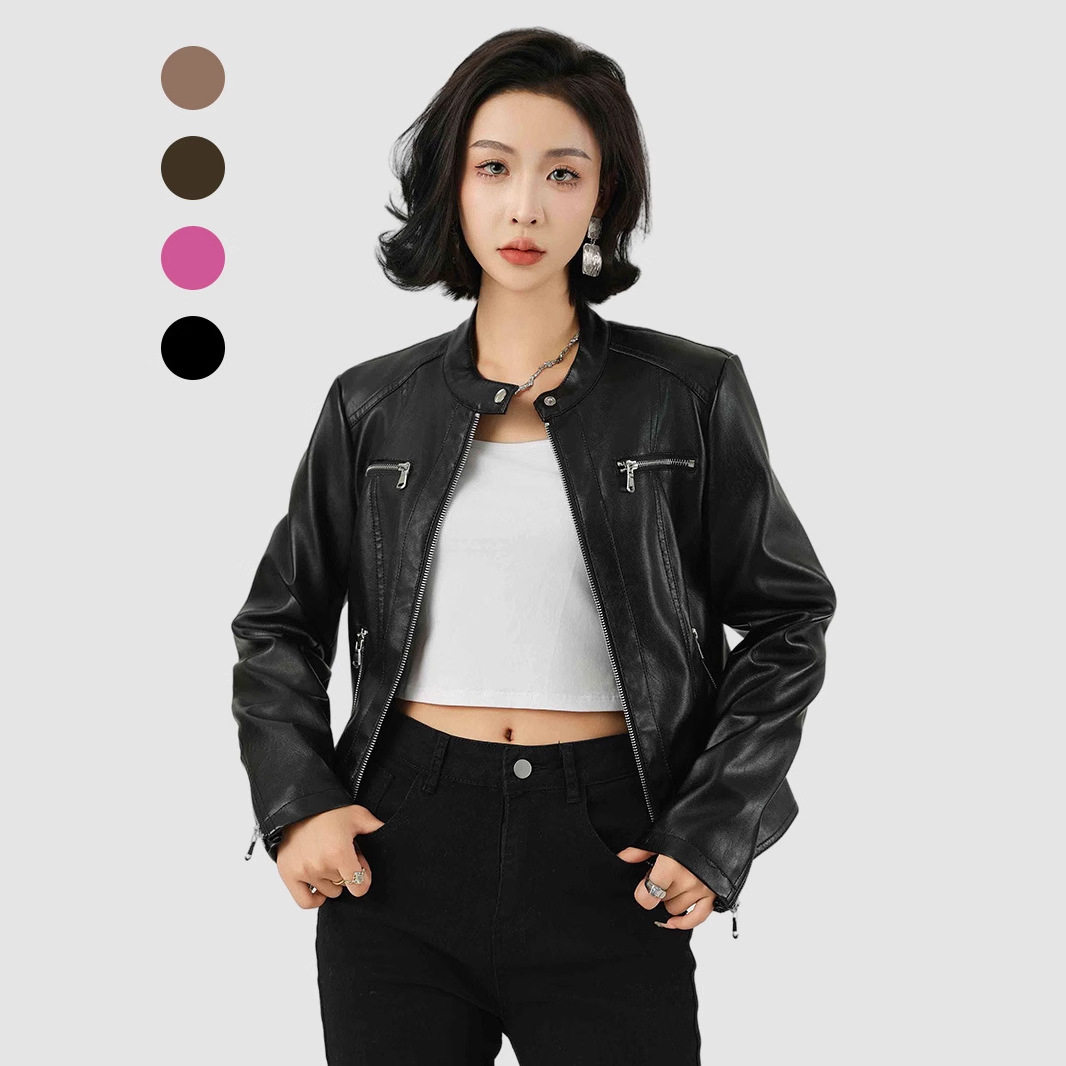 春秋短款立领机车PU皮夹克女
