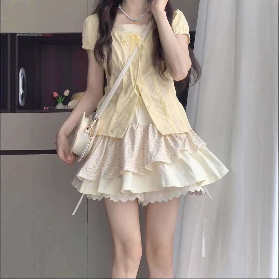 法式泡泡袖抽褶假两件小衬衫