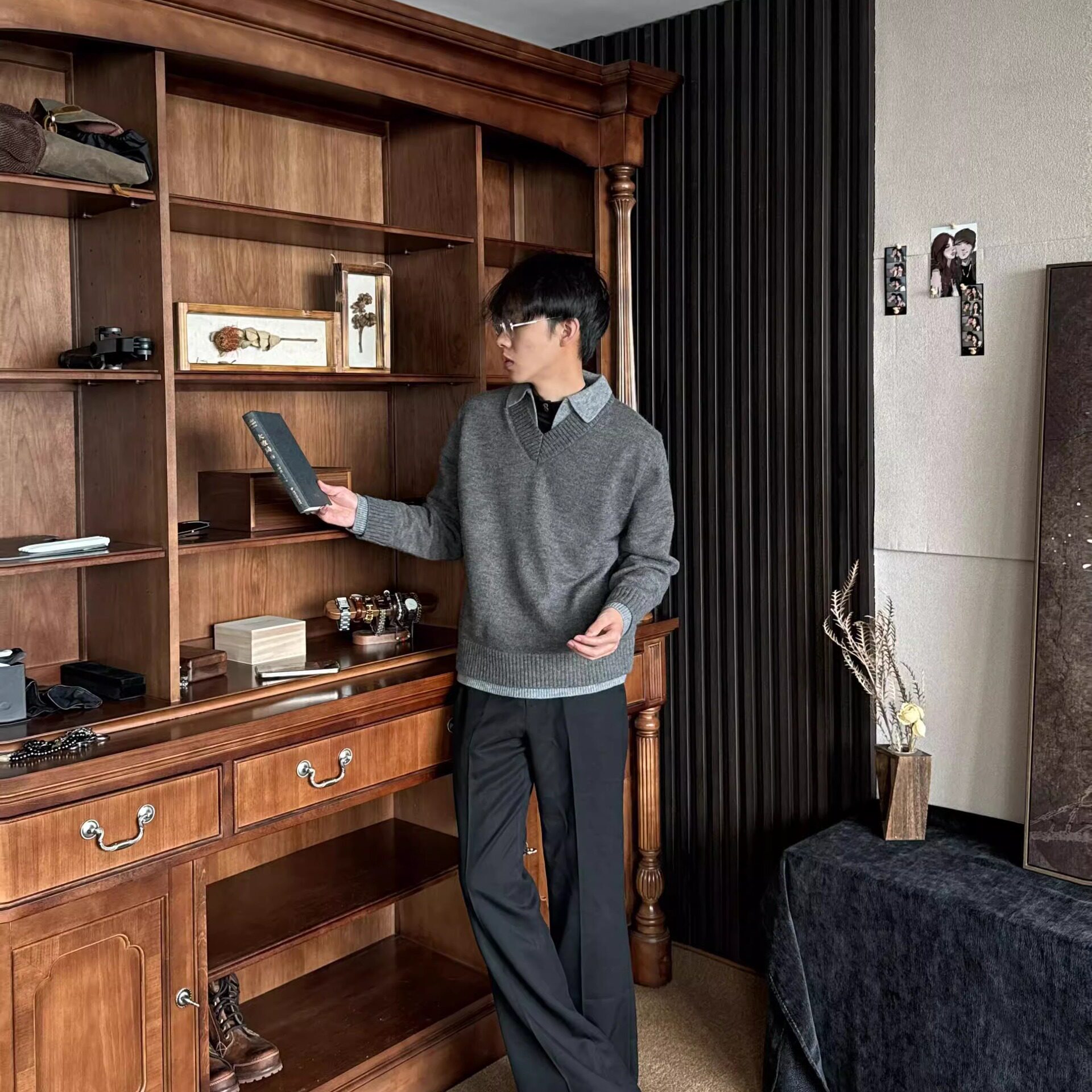美式复古假两件V领男针织衫