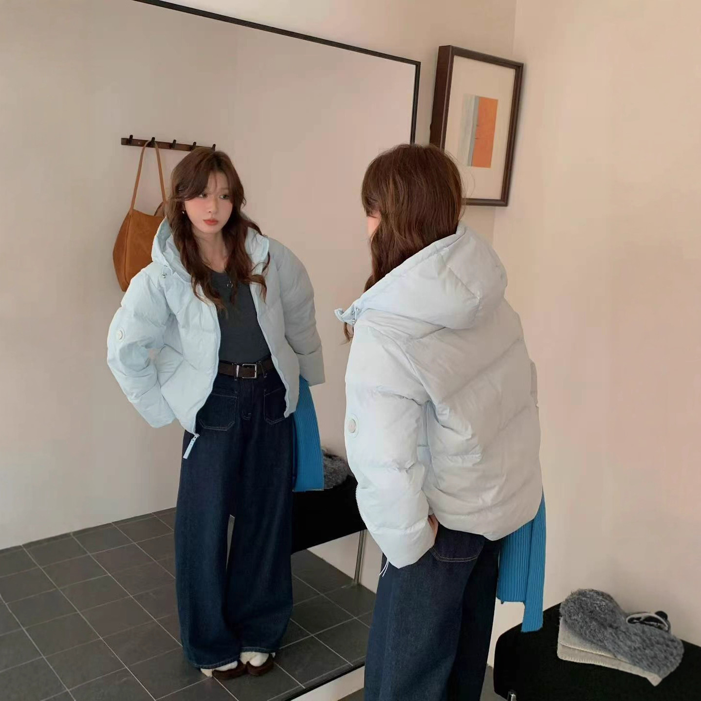 2025年新款90白鸭绒短款羽绒服女冬季连帽韩版加厚面包服情侣