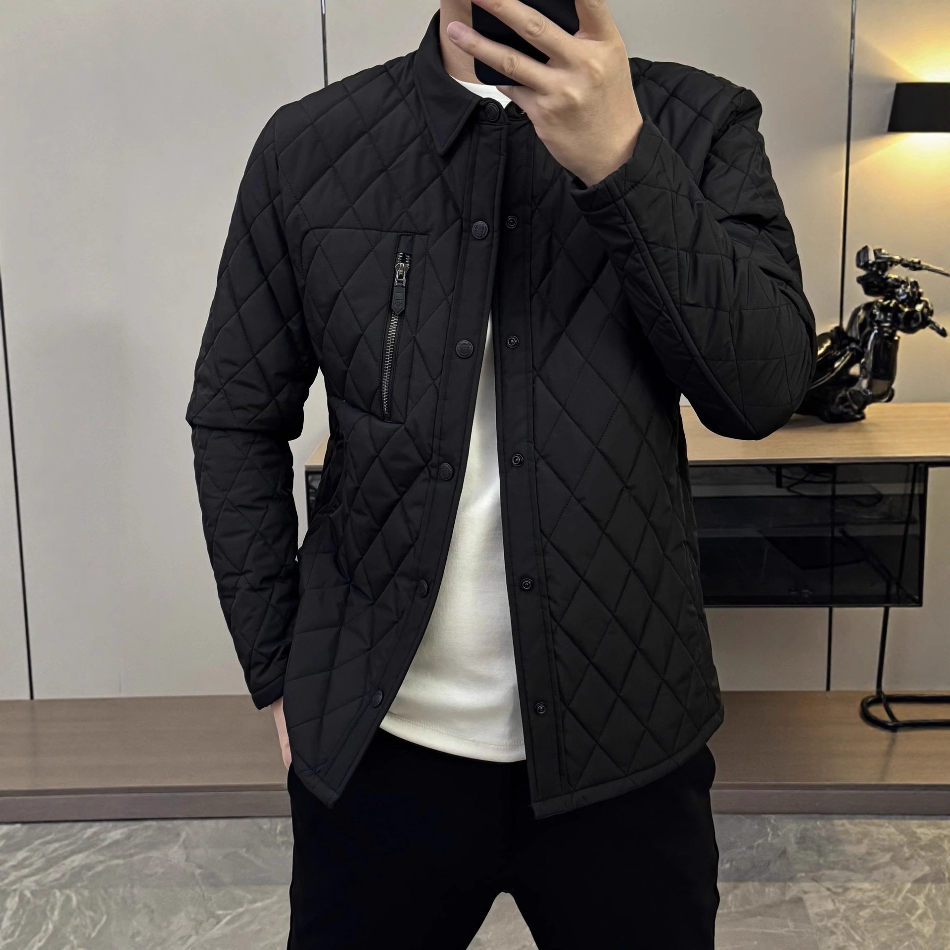 冬季男士翻领加厚菱格修身棉服