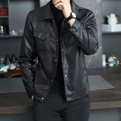 皮衣男2026年春秋潮牌欧洲站休闲男士 外套皮夹克高端翻领印花潮
