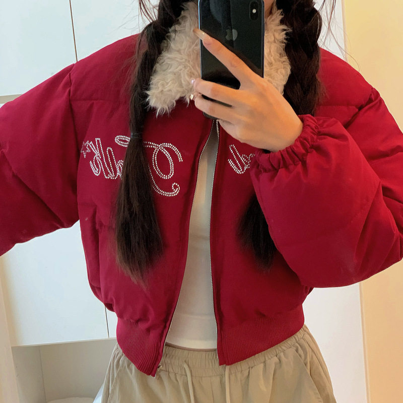 美式复古羊羔绒翻领短款棉服女