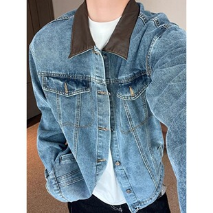 美式复古设计感皮领水洗牛仔外套男轻熟装重磅夹克哈灵顿工装外套