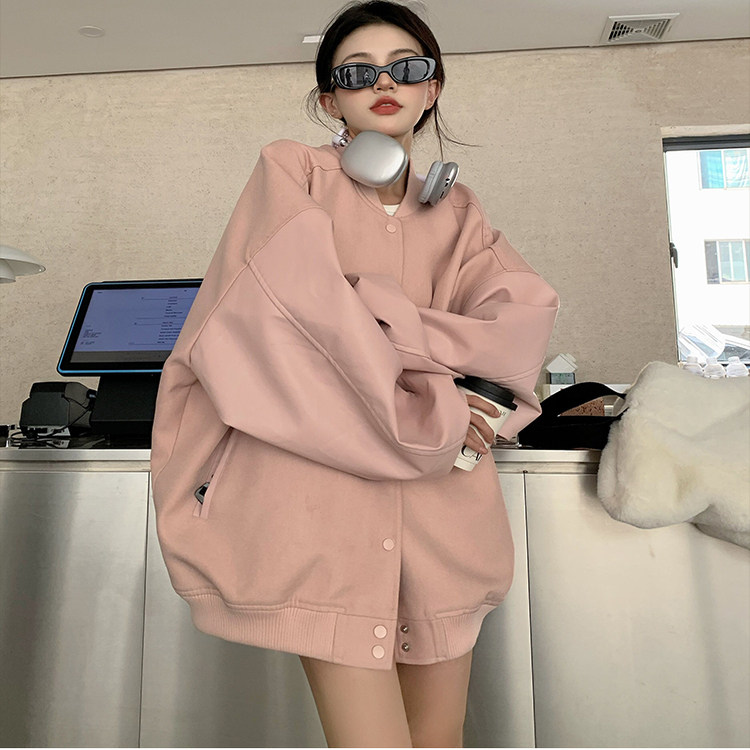 胖mm大码粉色加厚长袖棒球服外套