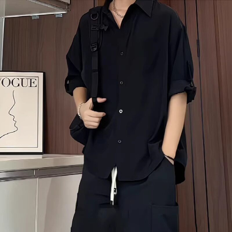 黑色冰丝七分袖男衬衫凉感透气