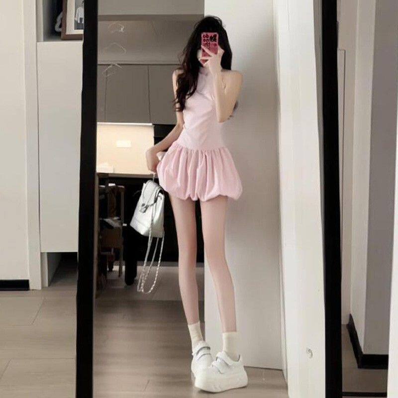 粉色挂脖无袖小个子显瘦连衣裙