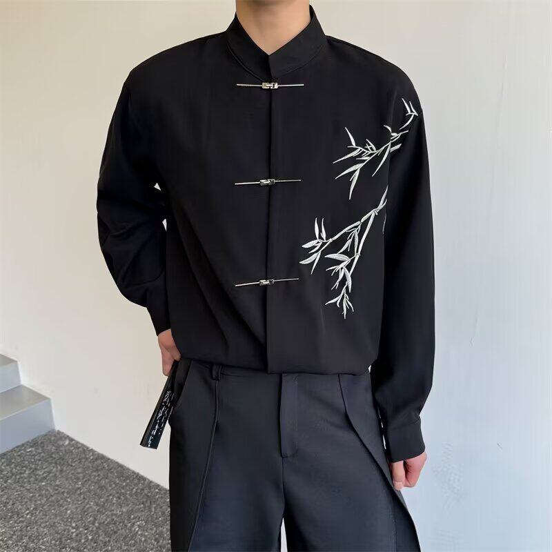 夏季男款新中式垂感绣花长袖衬衫
