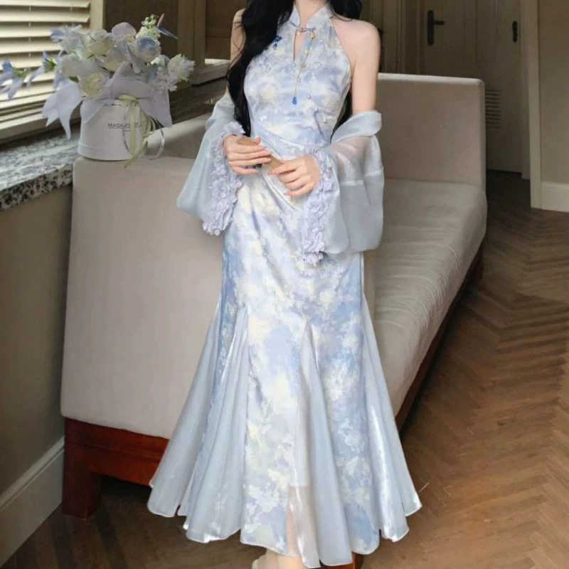 新中式晕染印花鎏光纱鱼尾旗袍图片