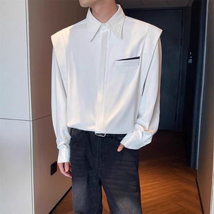 英伦雅痞男装白色长袖衬衫男款痞帅高级感轻熟风休闲衬衣垫肩外套