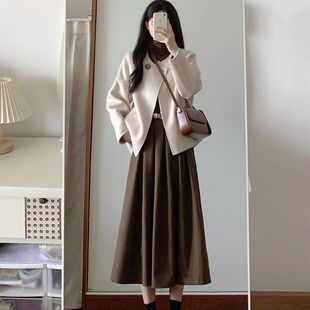 秋冬装搭配一整套微胖MM复古毛呢外套半身裙子高级感穿搭三件套装