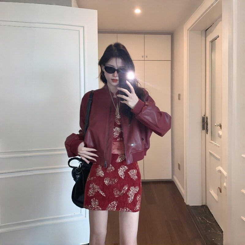 复古辣妹短款红色PU皮衣女秋季