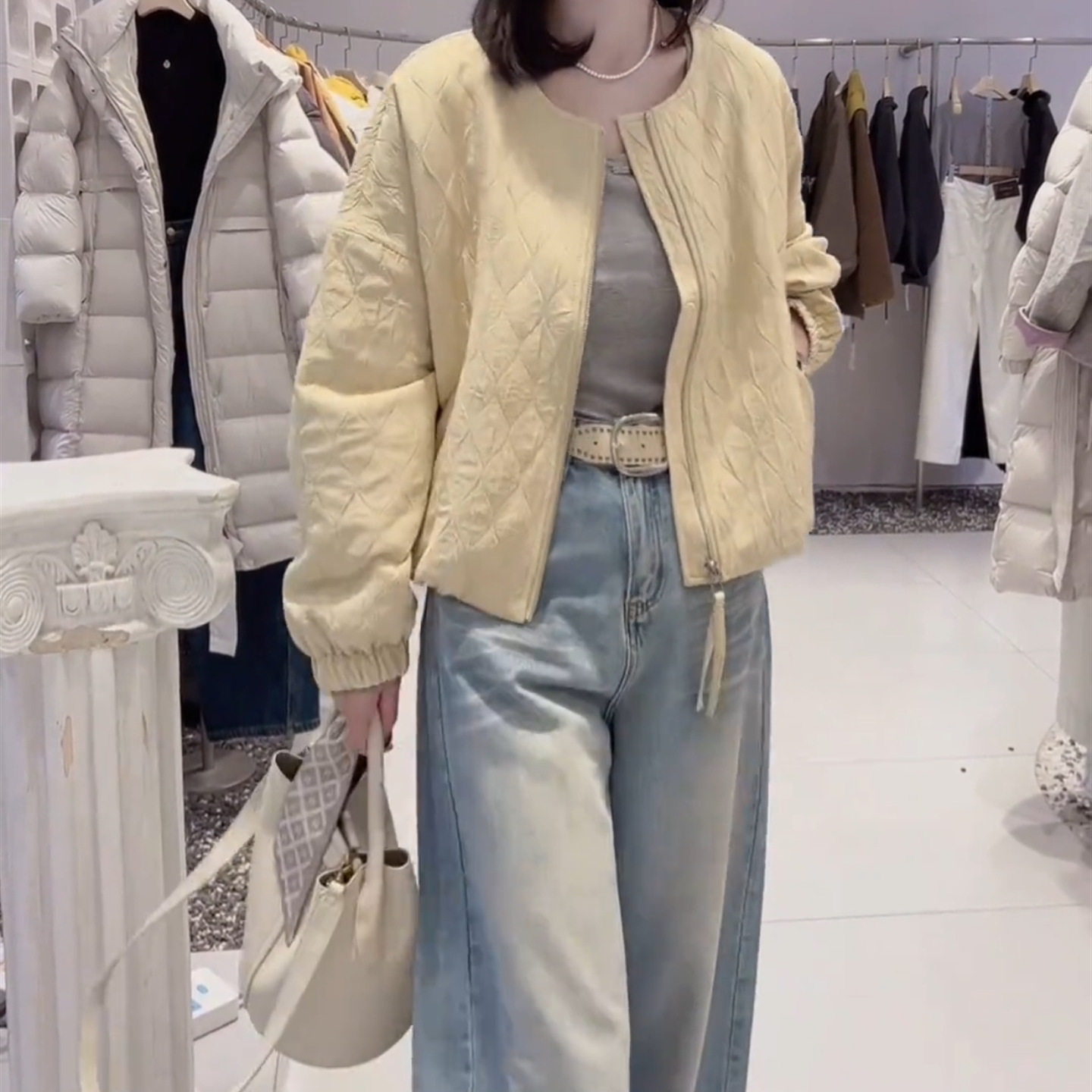 韩版菱格圆领短外套女春季显瘦