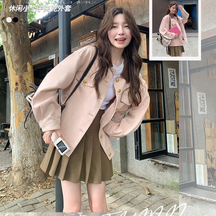 粉色雪尼尔仿麂皮绒工装夹克女