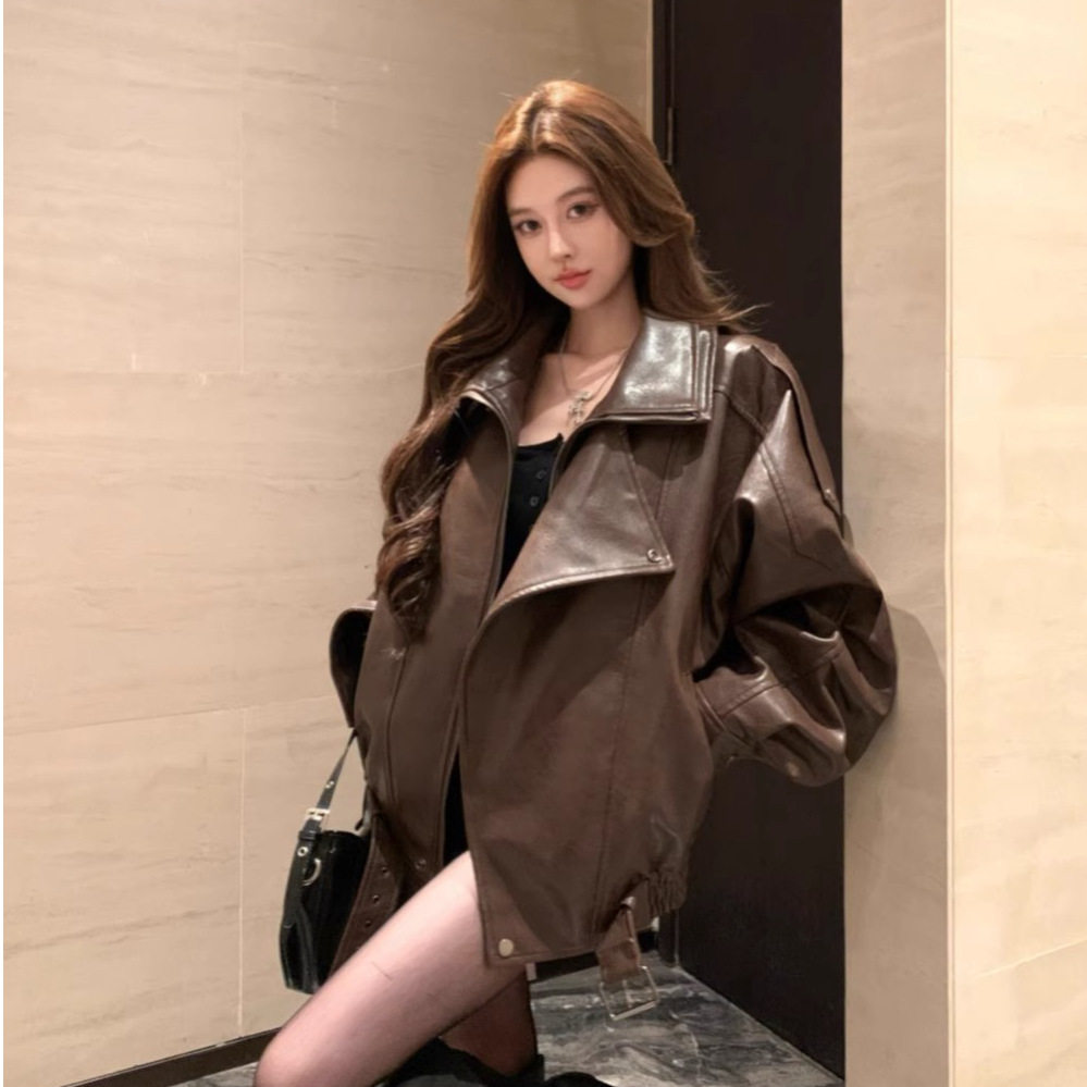 美式复古棕色皮衣短款外套女