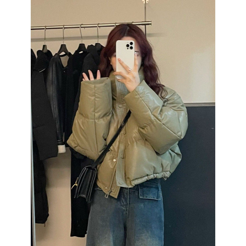 PU皮免洗加厚短款面包羽绒服女