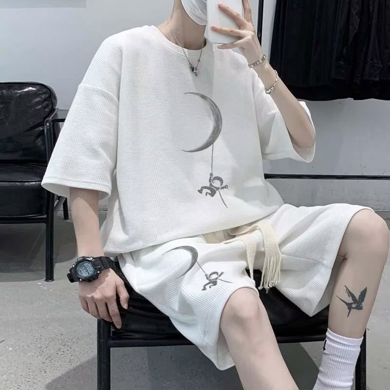 重磅华夫格休闲运动套装男生夏季时尚两件套港风短袖短裤一套搭配