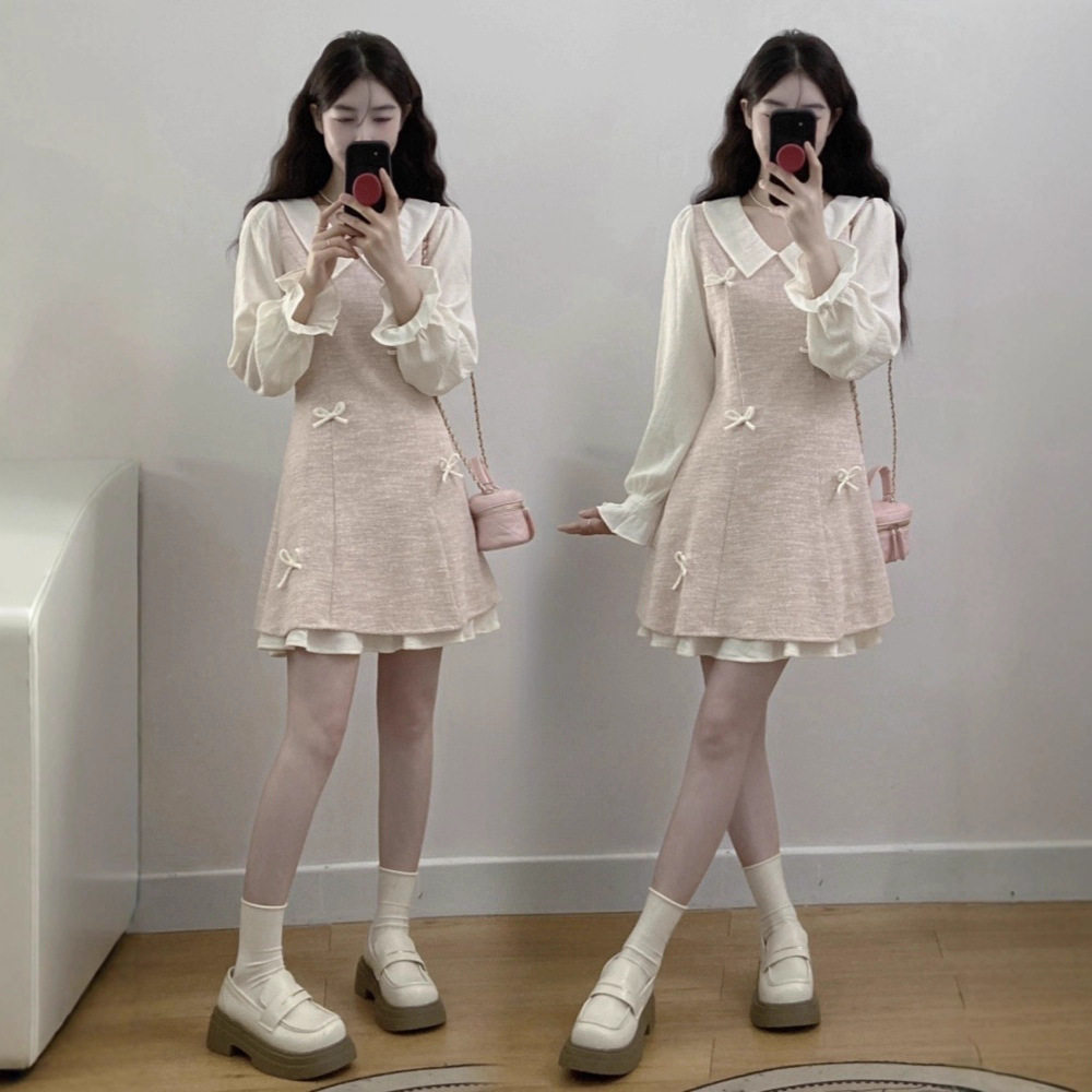 法式粉色长袖连衣裙大码胖mm