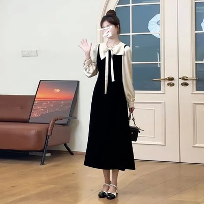 小个子法式黑色内搭连衣裙秋冬季2025新款高级感赫本风大码中长裙