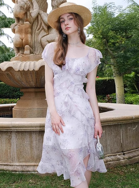 2025紫色波浪荷叶边连衣裙女夏季新款法式小飞袖长款碎花裙子短袖